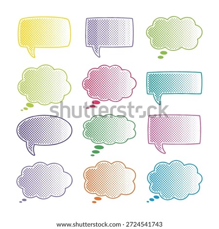 Collection of colorful speech and thought bubbles in comic book style, filled with halftone dots. Versatile vector illustration for dialogue, communication, and creative design elements.