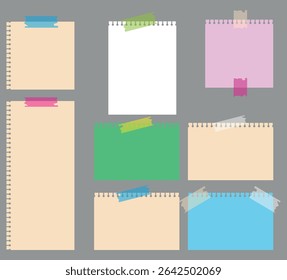 collection of colorful spiral notepapers with tape on gray background used for reminders	
