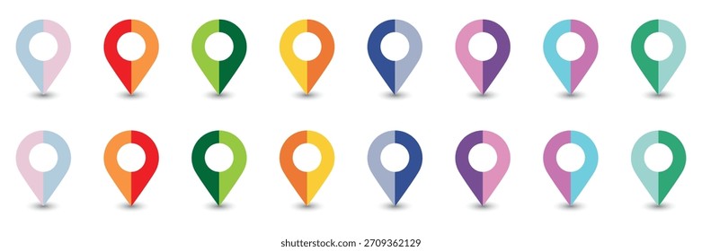 Una colección de coloridos iconos de pin de mapa divididos en colores dispuestos en dos filas sobre un fondo blanco.