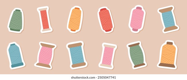 A collection of colorful spool illustrations sticker pack, with different threads for sewing. Each thread spool icon is designed in a cute, cartoon graphic style, for various sewing and tailor project