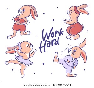 Collection of colorful sport bunnies. Cartoon rabbits are doing exercises with lettering phrase - Work hard. A set is good for Family look designs, t-shirts, stickers etc. Series vector illustration