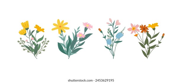 Una colección de coloridas flores de primavera en colores suaves, especies botánicas en estilo de diseño plano, Elementos decorativos de flores de la naturaleza. Ilustración vectorial