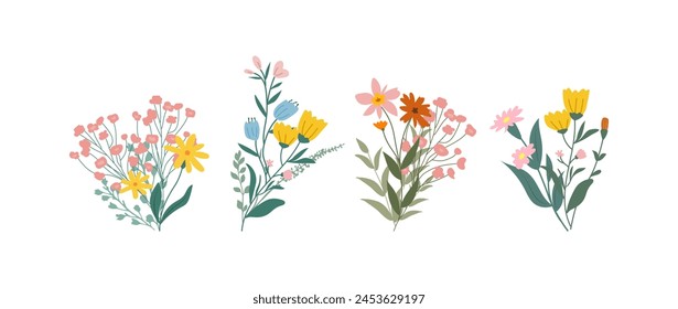 Una colección de coloridas flores de primavera en colores suaves, especies botánicas en estilo de diseño plano, Elementos decorativos de flores de la naturaleza. Ilustración vectorial