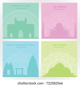 Collection of colorful square cards with silhouettes indian sights. Templates for tourist banners, invitation with mandala. Famous architectural compositions