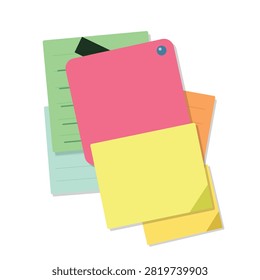 A collection of colorful square sticky notes stacked and pinned on a white background