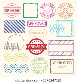 Collection of colorful stamps including 'Approved', 'Top Secret', and 'Rejected'. Various shapes and designs. Postal and office themes. Colorful stamps, element vector set