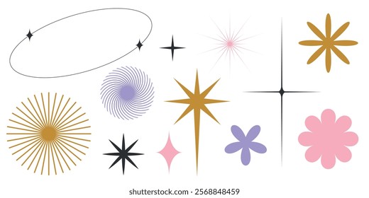 A collection of colorful star and flower shapes. Includes gold, black, pink, and purple stars and flowers. Decorative stars and flowers in various designs. Aesthetic elements vector set.