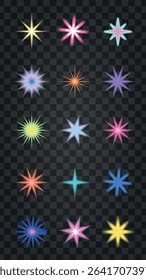 A collection of colorful starburst light effects on a transparent background. Various starburst designs in vibrant colors, perfect for digital art and design projects. Cute glowing element set vector.