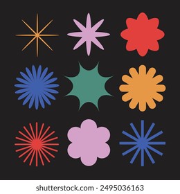Collection of colorful starburst patterns against a black background. Each unique design bursts with vibrant energy, ideal for adding a dynamic, playful touch to any creative project.