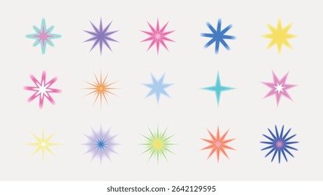 A collection of colorful starburst shapes in various colors including pink, blue, and orange, displayed on a white background in a grid pattern. Cute glowing element set vector.