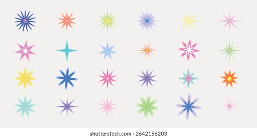 A collection of colorful starbursts in various shapes and colors on a white background. Each starburst features a unique design, showcasing vibrant and diverse hues. Cute glowing element set vector.