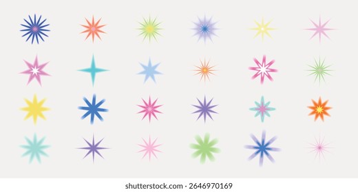 A collection of colorful starbursts in various shapes and colors on a white background. Each starburst features a unique design, showcasing vibrant and diverse hues. Cute glowing element set vector.