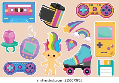 Collection Of Colorful Stickers In 90s Style. Items From The 80s And 90s. Retro Badges, And Patches For Your Design. Vector Illustration.