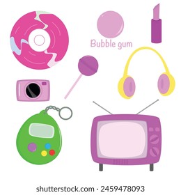 Collection of colorful stickers in 90s style. Items set from the era of the 90s and 80s. Retro badges, patches for your design. Vector illustration.