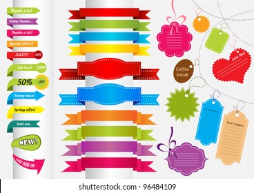 Collection of colorful stickers, banners, labels and scrapbook elements