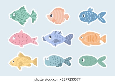 Collection of colorful stickers with cute fish. Icons in cartoon style for children, vector