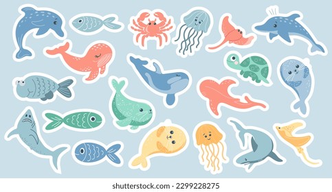 Collection of colorful stickers with fish and marine animals. Stickers for kids, vector