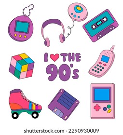 Collection of colorful stickers, icons in 90s style. Vector illustration retro set from the era of the 90s. Vintage tetris, tamagotchi, cassette, player, roller skates, rubik's cube, diskette, phone.