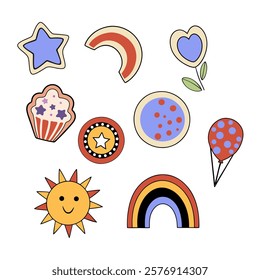 A collection of colorful stickers, including a sun, a star, a heart, a cupcake, a pizza, a balloon, a flower, and a rainbow