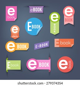 Collection of colorful stickers. Labels symbolizing e-book downloading.