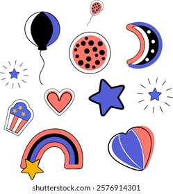 A collection of colorful stickers with a rainbow, heart, and star. The heart is red and blue