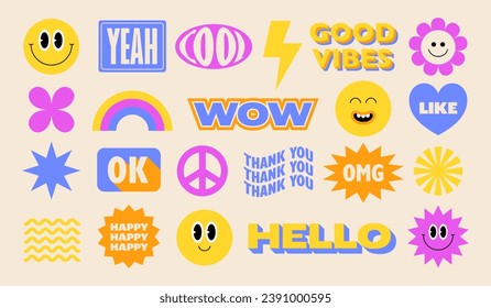 Collection of colorful stickers in retro hippie style. Funny comic cartoon character and shapes. Vector illustration