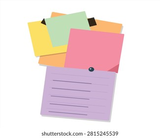 A collection of colorful sticky note papers stacked together and secured with a pin. The subject is isolated on a white background.