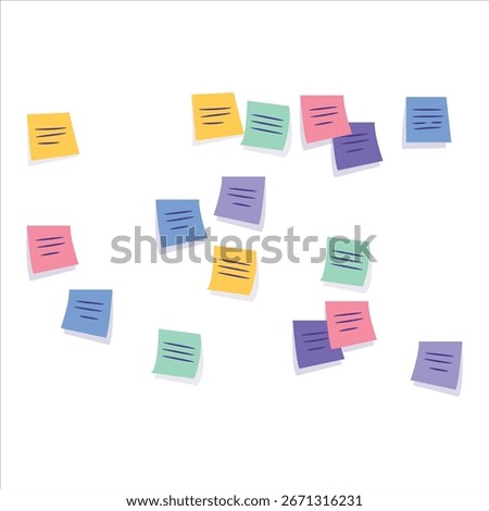 A collection of colorful sticky notes arranged artfully on a white background. Each note has a few lines, suggesting lists, ideas, or reminders, promoting organization and brainstorming.