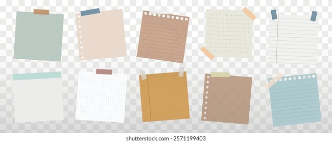 A collection of colorful sticky notes, featuring lined, dotted, and plain designs. Sticky notes in various colors and styles, perfect for reminders and organization. Memo elements, vector set.