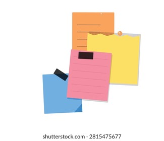 A collection of colorful sticky notes including orange yellow pink and blue papers some attached with tape or pins arranged in a group on a plain surface
