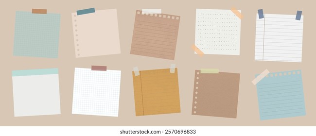 A collection of colorful sticky notes and paper sheets. Includes lined, grid, and plain designs. Sticky notes and paper sheets for reminders and notes. Memo elements, vector set.