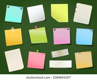 Collection of colorful sticky notes and paper sheets on a dark green background. Various shapes and sizes, some notes are pinned with push pins, paperclips