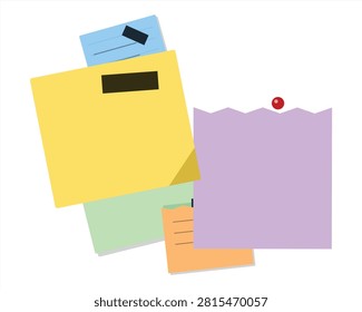 A collection of colorful sticky notes and paper memos layered and stacked together with a push pin, isolated on a clean white background.
