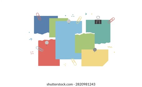 Collection of colorful sticky notes pinned to a surface with paperclips and tacks in a messy layered arrangement for organization.