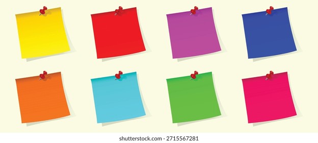 Una colección de notas adhesivas coloridas con alfileres en un fondo claro, perfecto para Planes de organización de oficina y recordatorios educativos