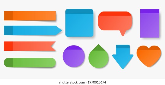 Collection of colorful sticky notes. Square, round, heart, drop, speech bubble shapes isolated on white background. Memo, bookmark, notes, blank paper sheet for planning. Vector illustration.