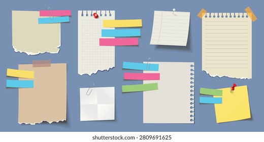 Collection of colorful sticky notes, torn paper sheets, and notebook pages pinned and taped on blue background, isolated office and school stationery elements