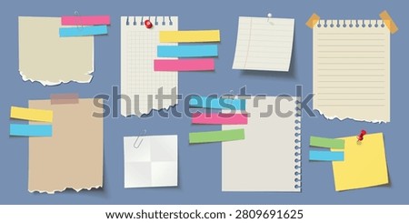 Collection of colorful sticky notes, torn paper sheets, and notebook pages pinned and taped on blue background, isolated office and school stationery elements