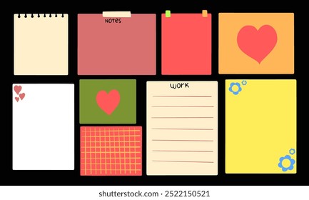 A collection of colorful sticky notes with various designs like hearts, flowers, and grids.