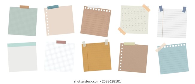 Collection of colorful sticky notes, sticky notes with various designs, sticky notes with lined, dotted, and grid patterns, sticky notes for reminders. Memo elements, vector set.
