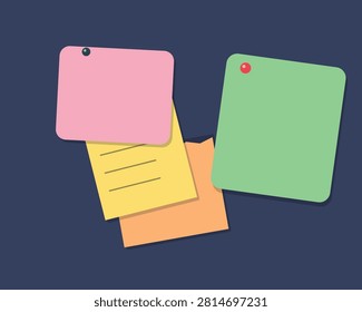 Collection of colorful sticky papers layered together with pins on dark wall. Ideal for office reminders and task tracking.
