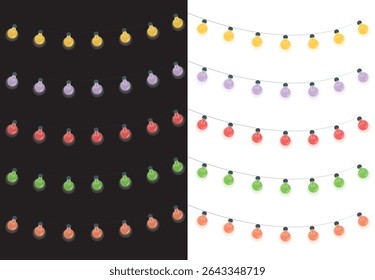 A collection of colorful string lights, presented on both dark and white backgrounds, for festive and decorative purposes.