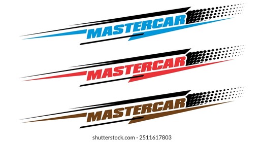 Collection of colorful striped motifs, modern MASTERCAR text, vinyl sticker print designs, vehicle body modification concepts.