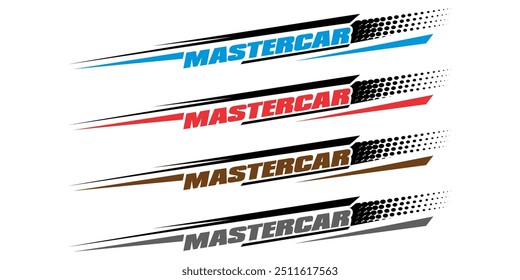 Collection of colorful striped motifs, simple MASTERCAR text, vinyl sticker print designs, vehicle body modification concepts.