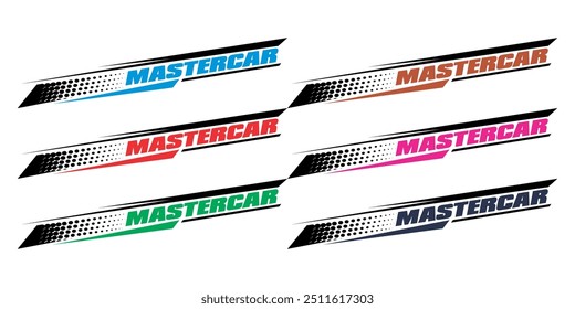 Collection of colorful stripes, cool MASTERCAR text, vinyl sticker print design, vehicle body modification concept.