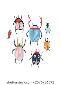 Collection of colorful and stylish bug illustrations on a white background. A vertical postcard design ideal for nature-themed projects, decorative art, and creative insect-inspired concepts