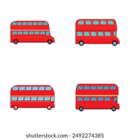 Collection of colorful, stylized cartoon double decker buses isolated on white background