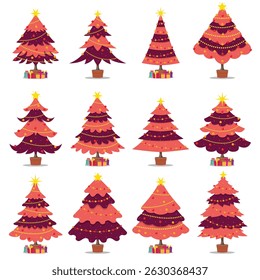 Collection of colorful stylized Christmas trees adorned with decorations and accompanied by gift boxes, evoking festive spirit and holiday celebration can be used for printed materials and for web.