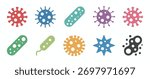 A collection of colorful, stylized icons representing different types of viruses and bacteria, set against a white background.