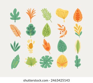 A collection of colorful, stylized leaves. The style is modern and playful, with a variety of shapes and vibrant hues. It is ideal for use in graphic design and decoration projects.
